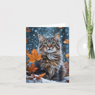 Vacker grå tabby katt Höstblad Blank Kort