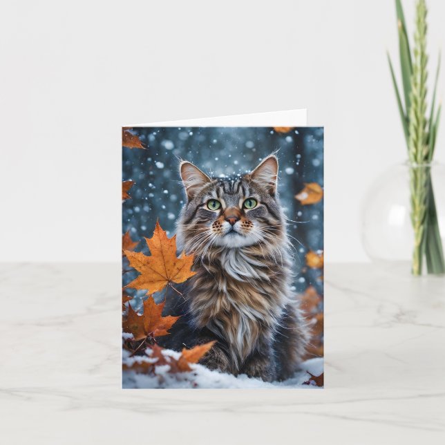 Vacker grå tabby katt Höstblad Blank  Kort (Framsida)