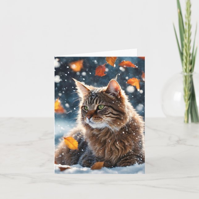 Vacker grå tabby katt höstlöv Blank  Kort (Framsida)
