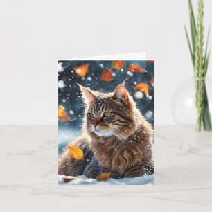 Vacker grå tabby katt höstlöv Blank Kort