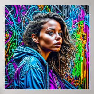 Vacker Graffiti Gatukonst Färgrik Kvinna Tom Poster