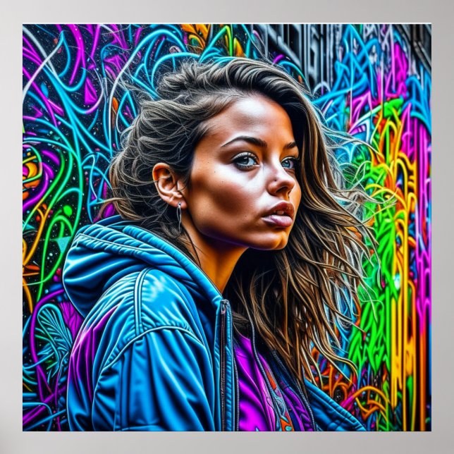 Vacker Graffiti Gatukonst Färgrik Kvinna Tom Poster (Framsidan)