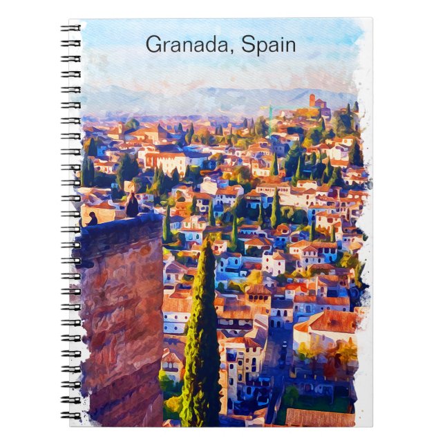 Vacker Granada Spain Watercolor View Anteckningsbok (Framsidan)