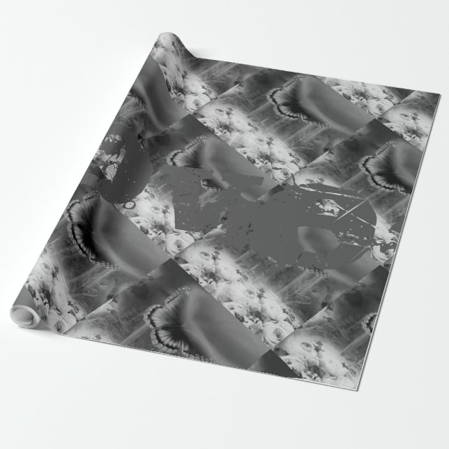 vacker GRÅTT BLACK Wrapping Papper för fjäril Presentpapper (Utrullad)