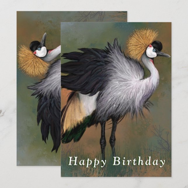Vacker Grått Crowned Crane Birthday-kort (Fram/baksida)