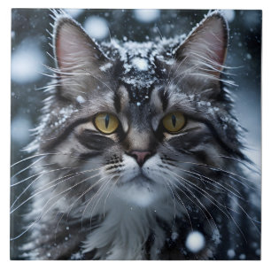 Vacker Grått Tabby katt i Snö Kakelplatta