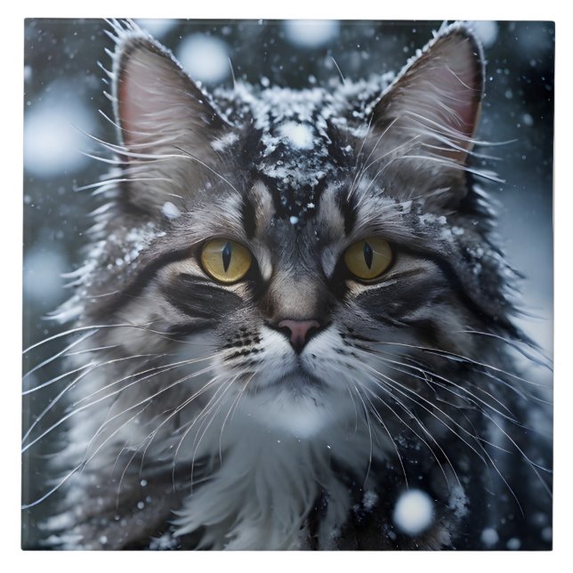 Vacker Grått Tabby katt i Snö Kakelplatta (Framsidan)
