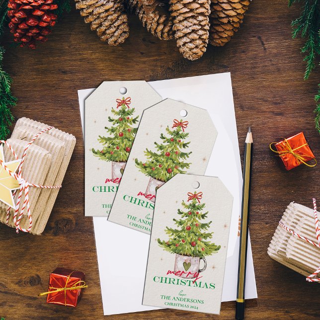 Vacker grön julgran i kruka semesterpresent presentetikett (Pretty Green Christmas Tree In Pot Holiday Favor Gift Tags)