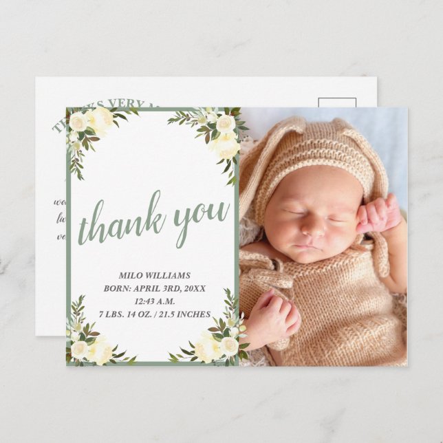 Vacker gul blomster baby shower tack foto vykort (Fram/baksida)