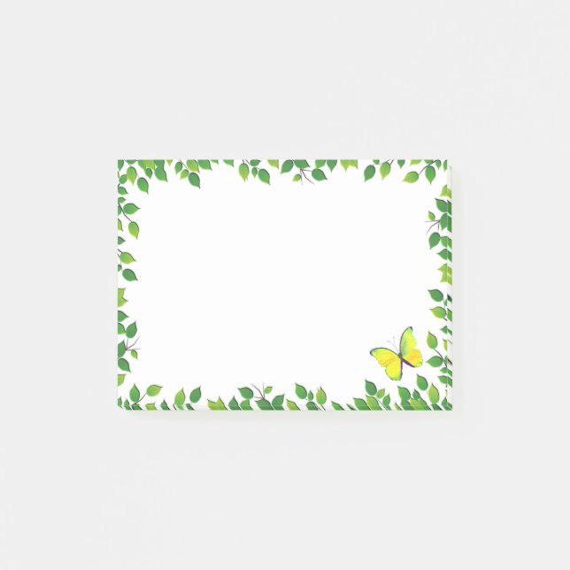Vacker gul fjäril & grön bladram post-it block (Framsida)