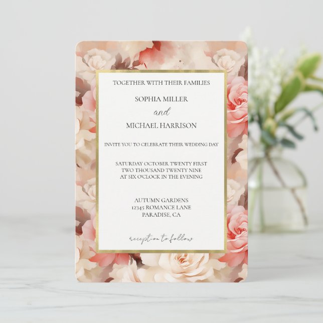 Vacker gul kräm rosa blommig bröllop inbjudningar (Stående Fram)