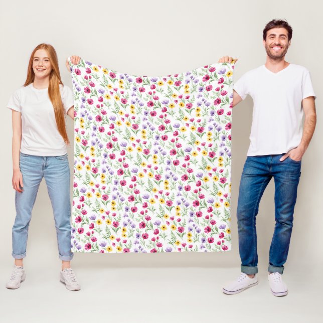 Vacker gul, lila, rosa blomsterakvarell fleecefilt (På plats)