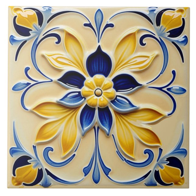 Vacker gul och blå blomkeramisk platta. kakelplatta (Framsidan)