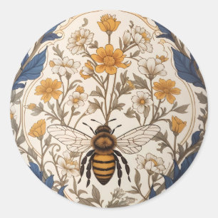 Vacker gul och blå blomster vintagebi runt klistermärke