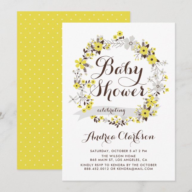 Vacker gul och grå blomsterkrans Baby Shower Inbjudningar (Fram/baksida)