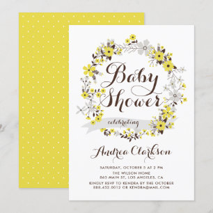 Vacker gul och grå blomsterkrans Baby Shower Inbjudningar