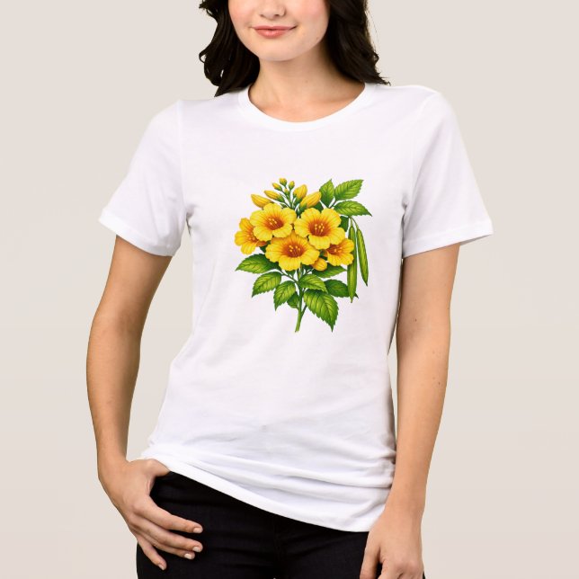 Vacker gul solfjäderbukett med gröna blad t shirt (Framsida)