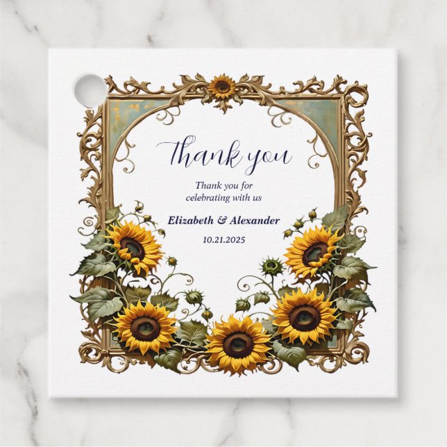 Vacker gul solros med konst ram bröllop  gåvor etiketter (Framsida)