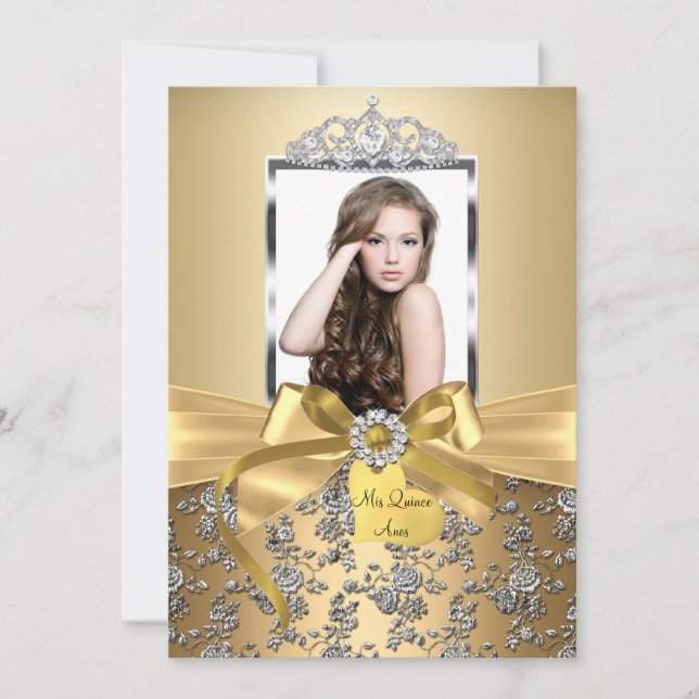 Vacker guld båge & silver ros foto Quinceanera Inbjudningar (Framsida)