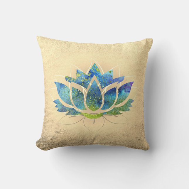Vacker guld blå lotus, Zen  Kudde (Framsida)
