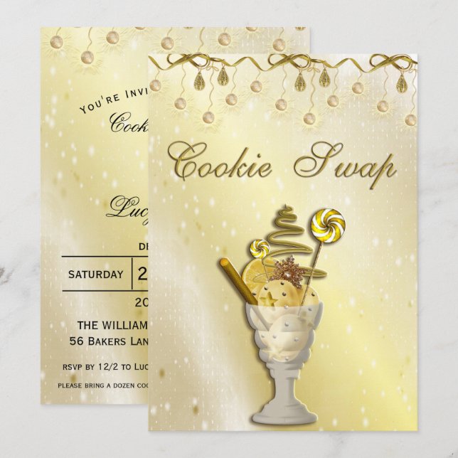 Vacker guld Cookie Swap julfest Inbjudningar (Fram/baksida)