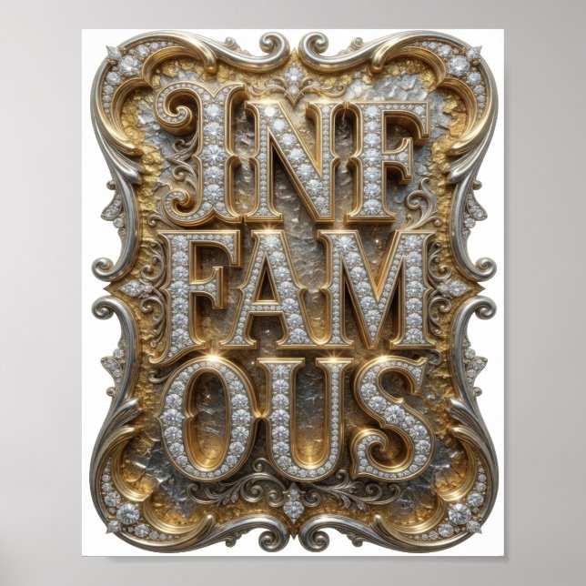 Vacker guld INFAMOUS 3D textkonst Poster (Framsidan)