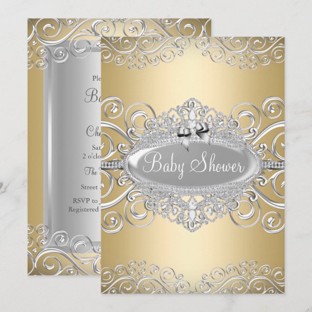Vacker guld- och silverdamast prinsessa baby showe inbjudningar (Fram/baksida)