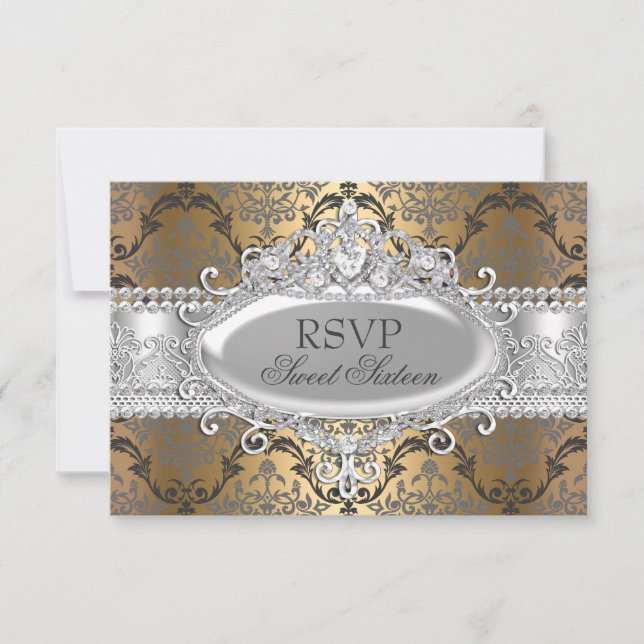 Vacker guld- och silverdamast Sweet 16 RSVP OSA Kort (Framsida)