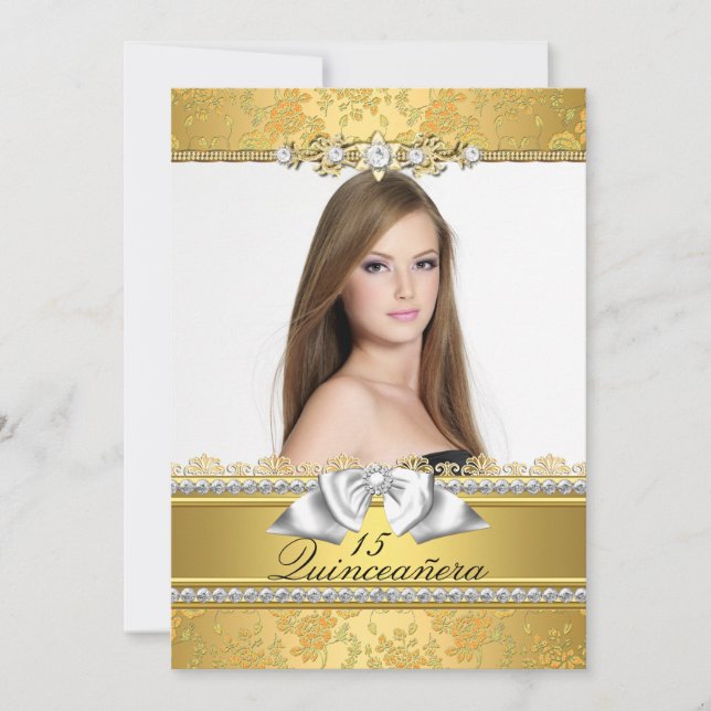 Vacker guldbroderad foto Quinceanera-inbjudan Inbjudningar (Framsida)