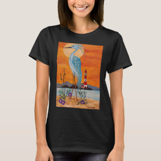 Vacker hägerfågel på en svart tee!!! vid stranden. t shirt