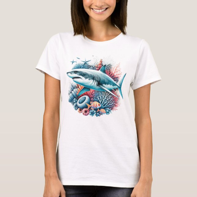 VACKER HAJ I HAVET MED FISK OCH KORALL T SHIRT (Framsida)