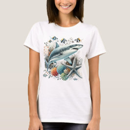 VACKER HAJ I HAVET MED FISK OCH KORALL T SHIRT