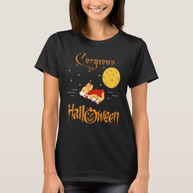 Vacker Halloween Corgi Med Flygande Vampyrhund T Shirt (Framsida)