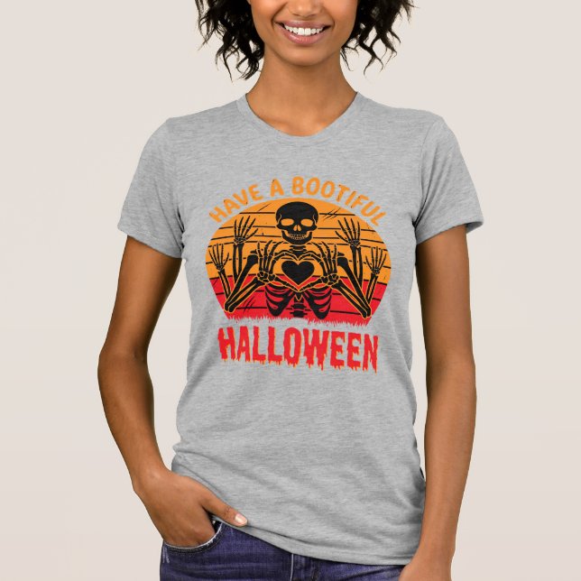 Vacker Halloween Skelett Hjärt Retro Solnedgång De T Shirt (Framsida)