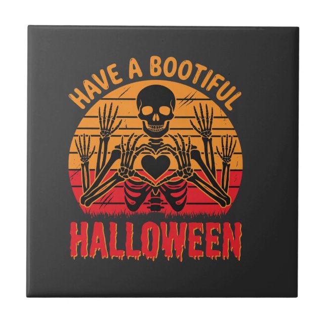 Vacker Halloween Skelett Hjärtat Retro Solnedgång  Kakelplatta (Framsidan)