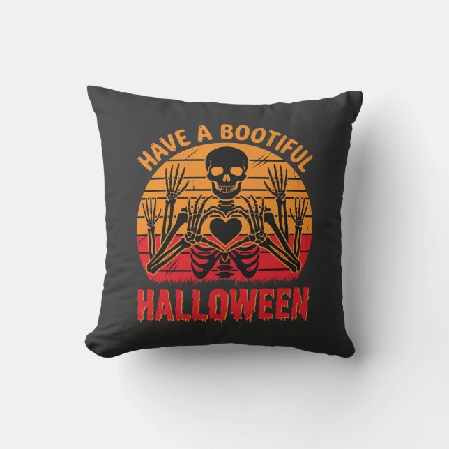 Vacker Halloween Skelett Hjärtat Retro Solnedgång  Kudde (Framsida)