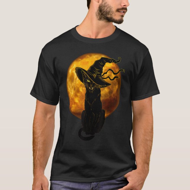 Vacker Halloween Svart Katt med Häxhatt Full  T Shirt (Framsida)