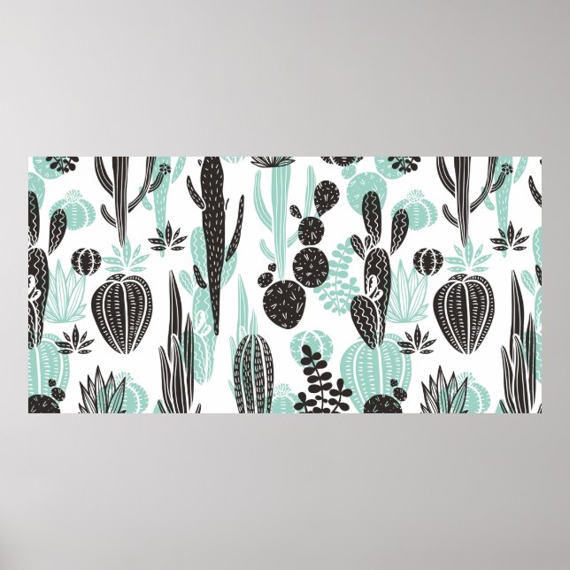 Vacker hand plockade cacti doodle sömlös mönster poster (Framsidan)