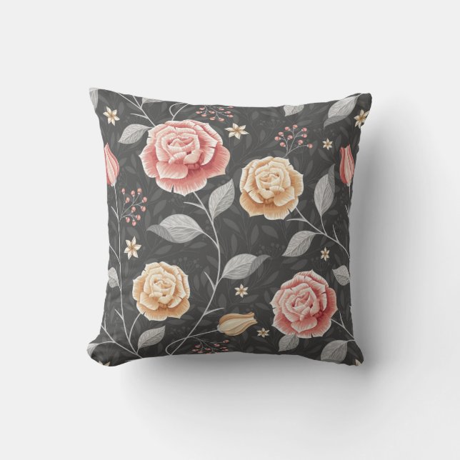 Vacker handritad rosa och gul rosmönster kudde (Framsida)