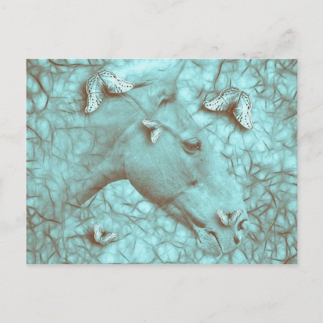Vacker häst & fjärilar horisontell vykort (Framsida)