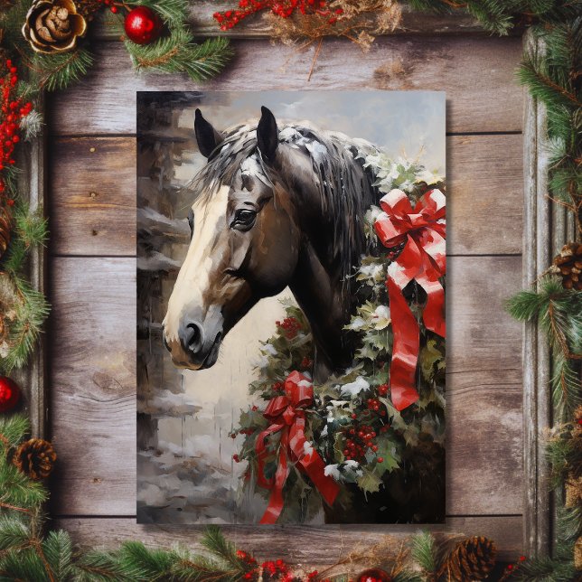 Vacker häst med andningsfin jul helgkort (Front - Beautiful Horse with Winter Wreath Christmas Holiday Card)