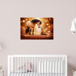 Vacker häst och röd räv fantasy barnkammar konst poster
