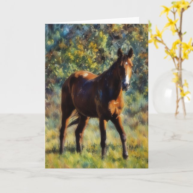 Vacker häst på betesmark Fridfull konstkort Kort (Gul blomma)
