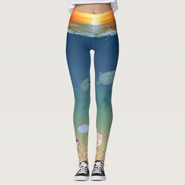 Vacker havs soluppgång, havssköldpaddor och pärlor leggings (Framsida)