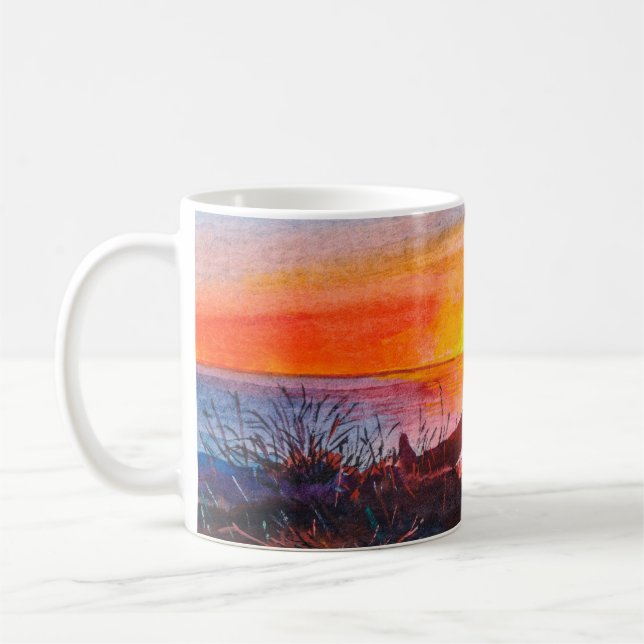 Vacker havssolnedgång. Porträtt av unga kvinnor so Kaffemugg (Vänster)