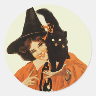 Vacker häxa med söt svart katt i vintage-stil runt klistermärke