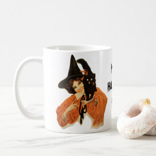 Vacker häxa med svart katt på axeln i vintage-stil kaffemugg