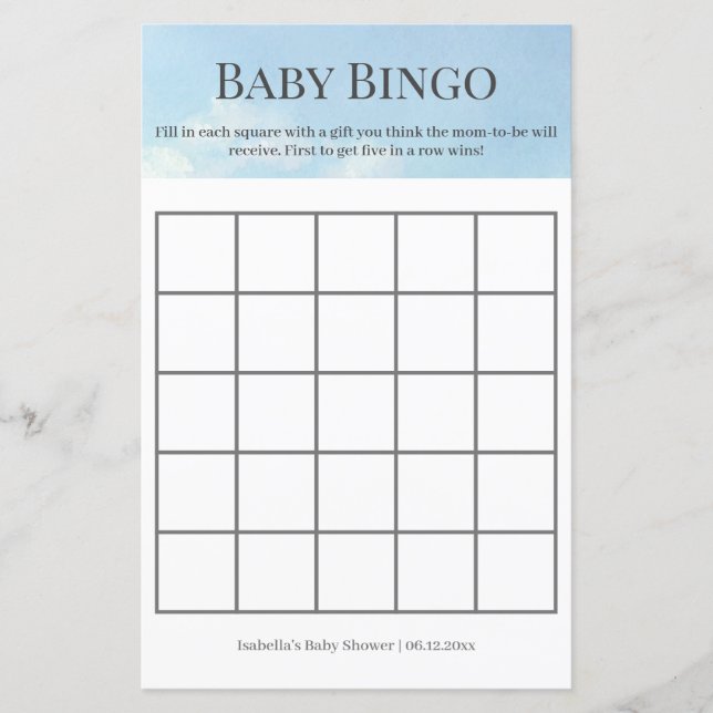 Vacker himmel och moln Baby Shower Bingo-spel (Framsida)