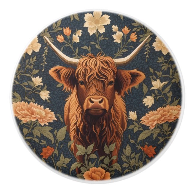 Vacker högländsk ko vintage blommor knopp (Framsidan)