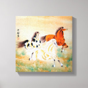 Vacker Horse Motif Oriental Wrapped Canvas Prin